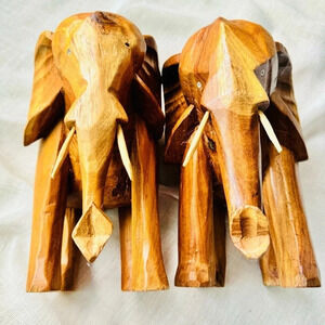 Vintage Hand Carved Wooden Pair of Standing Elephant